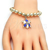 Oro Laminado Adjustable Bolo Bracelet, Gold Filled Style Turtle and Ball Design, with White Crystal, Blue Enamel Finish, Golden Finish, 03.63.2034.1.08 (08 MM Thickness, 8 Inches Length)