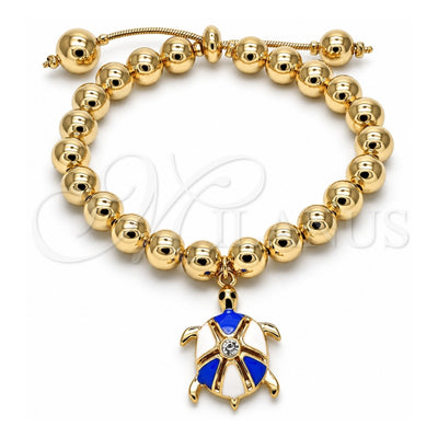 Oro Laminado Adjustable Bolo Bracelet, Gold Filled Style Turtle and Ball Design, with White Crystal, Blue Enamel Finish, Golden Finish, 03.63.2034.1.08 (08 MM Thickness, 8 Inches Length)