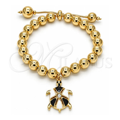Oro Laminado Adjustable Bolo Bracelet, Gold Filled Style Turtle and Ball Design, with White Crystal, Black Enamel Finish, Golden Finish, 03.63.2034.2.08 (08 MM Thickness, 8 Inches Length)
