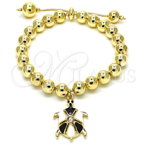 Oro Laminado Adjustable Bolo Bracelet, Gold Filled Style Turtle and Ball Design, with White Crystal, Black Enamel Finish, Golden Finish, 03.63.2034.2.08 (08 MM Thickness, 8 Inches Length)