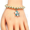 Oro Laminado Adjustable Bolo Bracelet, Gold Filled Style Turtle and Ball Design, with White Crystal, Turquoise Enamel Finish, Golden Finish, 03.63.2034.3.08 (08 MM Thickness, 8 Inches Length)