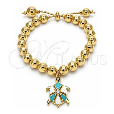 Oro Laminado Adjustable Bolo Bracelet, Gold Filled Style Turtle and Ball Design, with White Crystal, Turquoise Enamel Finish, Golden Finish, 03.63.2034.3.08 (08 MM Thickness, 8 Inches Length)