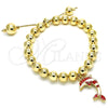 Oro Laminado Adjustable Bolo Bracelet, Gold Filled Style Dolphin and Ball Design, with White Crystal, Red Enamel Finish, Golden Finish, 03.63.2035.08 (08 MM Thickness, 8 Inches Length)