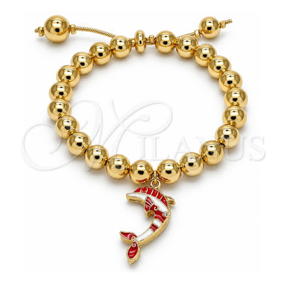 Oro Laminado Adjustable Bolo Bracelet, Gold Filled Style Dolphin and Ball Design, with White Crystal, Red Enamel Finish, Golden Finish, 03.63.2035.08 (08 MM Thickness, 8 Inches Length)