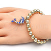 Oro Laminado Adjustable Bolo Bracelet, Gold Filled Style Dolphin and Ball Design, with White Crystal, Blue Enamel Finish, Golden Finish, 03.63.2035.1.08 (08 MM Thickness, 8 Inches Length)
