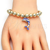 Oro Laminado Adjustable Bolo Bracelet, Gold Filled Style Dolphin and Ball Design, with White Crystal, Blue Enamel Finish, Golden Finish, 03.63.2035.1.08 (08 MM Thickness, 8 Inches Length)