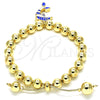 Oro Laminado Adjustable Bolo Bracelet, Gold Filled Style Dolphin and Ball Design, with White Crystal, Blue Enamel Finish, Golden Finish, 03.63.2035.1.08 (08 MM Thickness, 8 Inches Length)