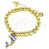 Oro Laminado Adjustable Bolo Bracelet, Gold Filled Style Dolphin and Ball Design, with White Crystal, Blue Enamel Finish, Golden Finish, 03.63.2035.1.08 (08 MM Thickness, 8 Inches Length)