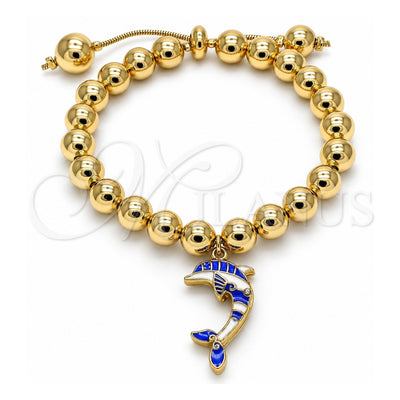 Oro Laminado Adjustable Bolo Bracelet, Gold Filled Style Dolphin and Ball Design, with White Crystal, Blue Enamel Finish, Golden Finish, 03.63.2035.1.08 (08 MM Thickness, 8 Inches Length)