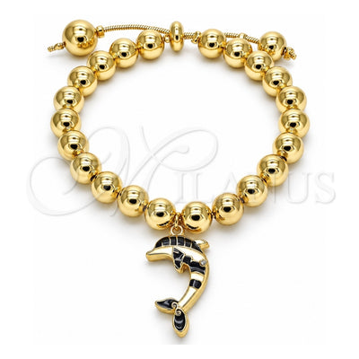Oro Laminado Adjustable Bolo Bracelet, Gold Filled Style Dolphin and Ball Design, with White Crystal, Black Enamel Finish, Golden Finish, 03.63.2035.2.08 (08 MM Thickness, 8 Inches Length)