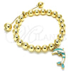 Oro Laminado Adjustable Bolo Bracelet, Gold Filled Style Dolphin and Ball Design, with White Crystal, Turquoise Enamel Finish, Golden Finish, 03.63.2035.3.08 (08 MM Thickness, 8 Inches Length)