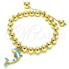 Oro Laminado Adjustable Bolo Bracelet, Gold Filled Style Dolphin and Ball Design, with White Crystal, Turquoise Enamel Finish, Golden Finish, 03.63.2035.3.08 (08 MM Thickness, 8 Inches Length)