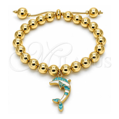 Oro Laminado Adjustable Bolo Bracelet, Gold Filled Style Dolphin and Ball Design, with White Crystal, Turquoise Enamel Finish, Golden Finish, 03.63.2035.3.08 (08 MM Thickness, 8 Inches Length)