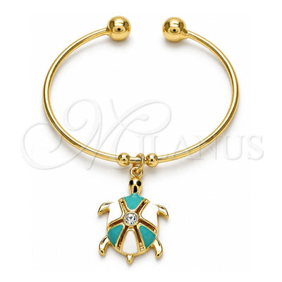 Oro Laminado Individual Bangle, Gold Filled Style Turtle Design, with White Crystal, Turquoise Enamel Finish, Golden Finish, 07.63.0204 (02 MM Thickness, One size fits all)