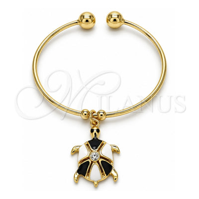 Oro Laminado Individual Bangle, Gold Filled Style Turtle Design, with White Crystal, Black Enamel Finish, Golden Finish, 07.63.0204.1 (02 MM Thickness, One size fits all)