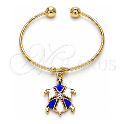 Oro Laminado Individual Bangle, Gold Filled Style Turtle Design, with White Crystal, Blue Enamel Finish, Golden Finish, 07.63.0204.2 (02 MM Thickness, One size fits all)