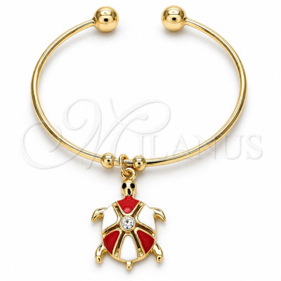 Oro Laminado Individual Bangle, Gold Filled Style Turtle Design, with White Crystal, Red Enamel Finish, Golden Finish, 07.63.0204.3 (02 MM Thickness, One size fits all)