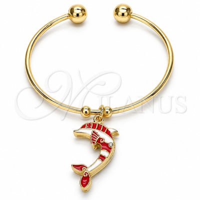 Oro Laminado Individual Bangle, Gold Filled Style Dolphin Design, with White Crystal, Red Enamel Finish, Golden Finish, 07.63.0205 (02 MM Thickness, One size fits all)