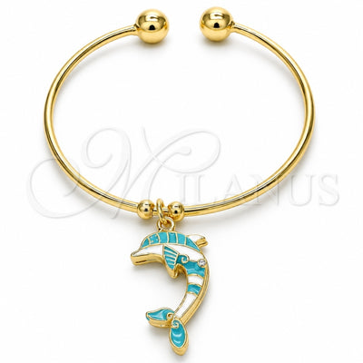 Oro Laminado Individual Bangle, Gold Filled Style Dolphin Design, with White Crystal, Turquoise Enamel Finish, Golden Finish, 07.63.0205.1 (02 MM Thickness, One size fits all)