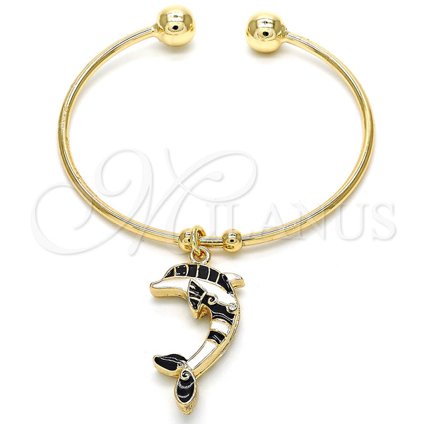 Gold Filled Jewelry — Individual Bangle Dolphin Design with White Crystal Black — main product view — SKU 126908 | Oro Laminado joyería — Individual Bangle Dolphin diseño with cristal blanco negro — SKU 126908