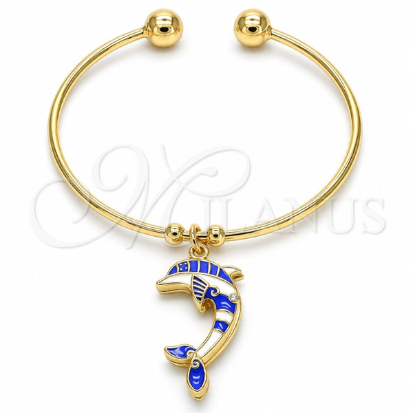 Oro Laminado Individual Bangle, Gold Filled Style Dolphin Design, with White Crystal, Blue Enamel Finish, Golden Finish, 07.63.0205.3 (02 MM Thickness, One size fits all)