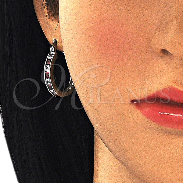 White Gold Filled Hoop Earrings — Small Hoop with Garnet and White Cubic Zirconia — alternate product view — SKU 126941 | Oro Laminado Blanco aretes de aro — Small Hoop with Garnet and blanco Cubic Zirconia — SKU 126941