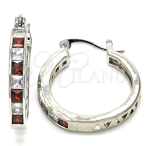 White Gold Filled Hoop Earrings — Small Hoop with Garnet and White Cubic Zirconia — main product view — SKU 126941 | Oro Laminado Blanco aretes de aro — Small Hoop with Garnet and blanco Cubic Zirconia — SKU 126941