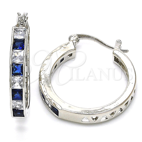White Gold Filled Hoop Earrings — Small Hoop with Sapphire Blue and White Cubic — main product view — SKU 126942 | Oro Laminado Blanco aretes de aro — Small Hoop with Sapphire Blue and blanco Cubic — SKU 126942