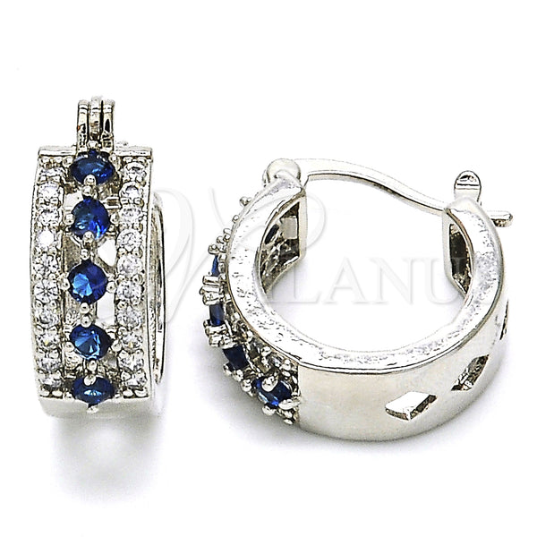 White Gold Filled Hoop Earrings — Small Hoop with Sapphire Blue and White Cubic — main product view — SKU 126960 | Oro Laminado Blanco aretes de aro — Small Hoop with Sapphire Blue and blanco Cubic — SKU 126960