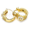 Oro Laminado Small Hoop, Gold Filled Style Flower and Leaf Design, with White Cubic Zirconia, Polished, Golden Finish, 02.210.0272.15