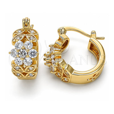 Oro Laminado Small Hoop, Gold Filled Style Flower and Leaf Design, with White Cubic Zirconia, Polished, Golden Finish, 02.210.0272.15