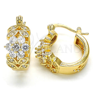Gold Filled Hoop Earrings — Small Hoop Flower and Leaf Design with White — main product view — SKU 126979 | Oro Laminado aretes de aro — Small Hoop flor and Leaf diseño with blanco — SKU 126979