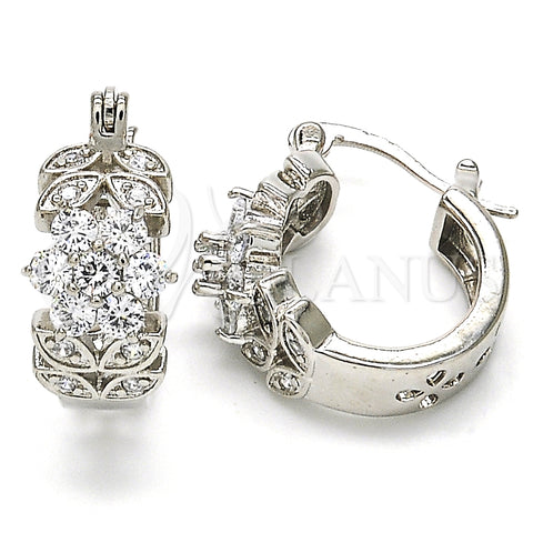 Rhodium Plated Small Hoop, Flower and Leaf Design, with White Cubic Zirconia, Polished, Rhodium Finish, 02.210.0272.5.15
