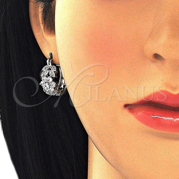 White Gold Filled Hoop Earrings — Small Hoop Flower and Leaf Design with White — alternate product view — SKU 126984 | Oro Laminado Blanco aretes de aro — Small Hoop flor and Leaf diseño with blanco — SKU 126984