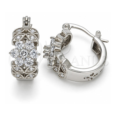 White Gold Filled Small Hoop, Flower and Leaf Design, with White Cubic Zirconia, Polished, Rhodium Finish, 02.210.0272.5.15