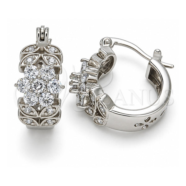 White Gold Filled Small Hoop, Flower and Leaf Design, with White Cubic Zirconia, Polished, Rhodium Finish, 02.210.0272.5.15