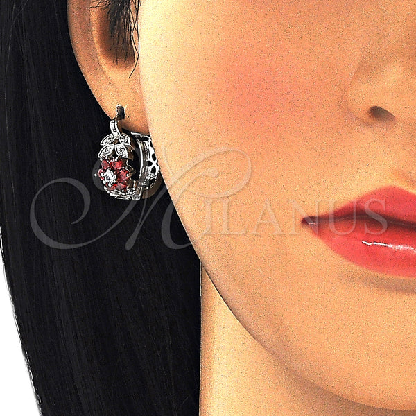 White Gold Filled Hoop Earrings — Small Hoop Flower and Leaf Design with Garnet — alternate product view — SKU 126985 | Oro Laminado Blanco aretes de aro — Small Hoop flor and Leaf diseño with Garnet — SKU 126985