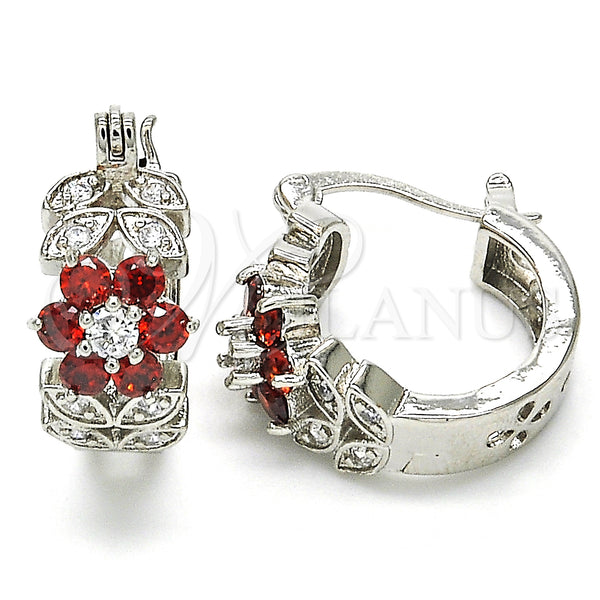 White Gold Filled Hoop Earrings — Small Hoop Flower and Leaf Design with Garnet — main product view — SKU 126985 | Oro Laminado Blanco aretes de aro — Small Hoop flor and Leaf diseño with Garnet — SKU 126985
