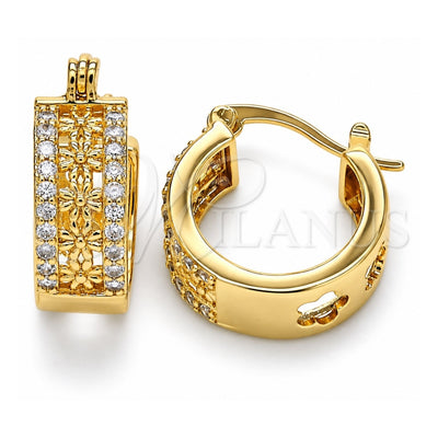 Oro Laminado Small Hoop, Gold Filled Style Flower Design, with White Cubic Zirconia, Polished, Golden Finish, 02.210.0275.15