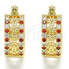Oro Laminado Small Hoop, Gold Filled Style Flower Design, with Garnet and White Cubic Zirconia, Polished, Golden Finish, 02.210.0275.1.15