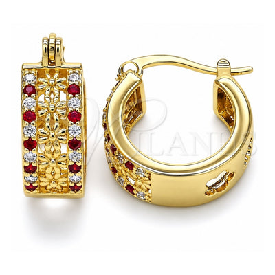 Oro Laminado Small Hoop, Gold Filled Style Flower Design, with Garnet and White Cubic Zirconia, Polished, Golden Finish, 02.210.0275.1.15