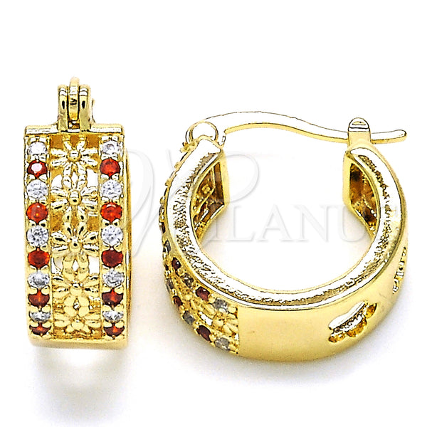 Gold Filled Hoop Earrings — Small Hoop Flower Design with Garnet and White — main product view — SKU 127007 | Oro Laminado aretes de aro — Small Hoop flor diseño with Garnet and blanco — SKU 127007