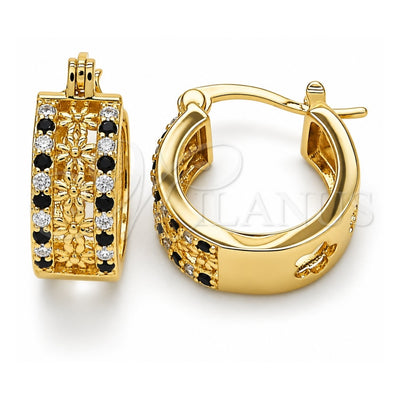Oro Laminado Small Hoop, Gold Filled Style Flower Design, with Black and White Cubic Zirconia, Polished, Golden Finish, 02.210.0275.2.15