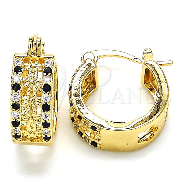 Gold Filled Hoop Earrings — Small Hoop Flower Design with Black and White — main product view — SKU 127008 | Oro Laminado aretes de aro — Small Hoop flor diseño with negro and blanco — SKU 127008