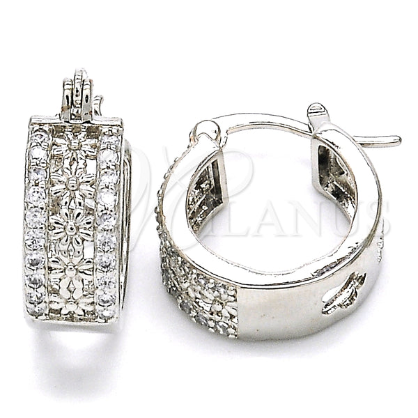 Rhodium Plated Small Hoop, Flower Design, with White Cubic Zirconia, Polished, Rhodium Finish, 02.210.0275.4.15