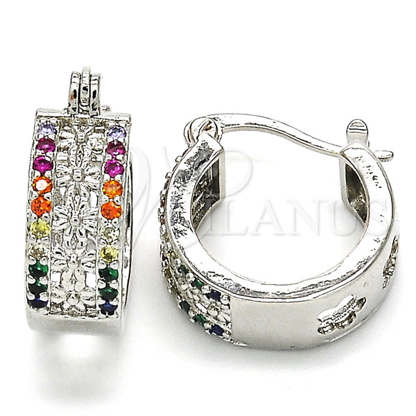 White Gold Filled Hoop Earrings — Small Hoop Flower Design with Multicolor Cubic Zirconia — main product view — SKU 127011 | Oro Laminado Blanco aretes de aro — Small Hoop flor diseño with Multicolor Cubic Zirconia — SKU 127011