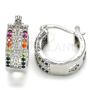 White Gold Filled Hoop Earrings — Small Hoop Flower Design with Multicolor Cubic Zirconia — main product view — SKU 127011 | Oro Laminado Blanco aretes de aro — Small Hoop flor diseño with Multicolor Cubic Zirconia — SKU 127011