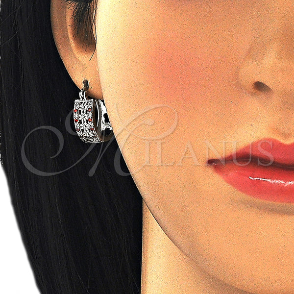 White Gold Filled Hoop Earrings — Small Hoop Flower Design with Garnet and White — alternate product view — SKU 127012 | Oro Laminado Blanco aretes de aro — Small Hoop flor diseño with Garnet and blanco — SKU 127012