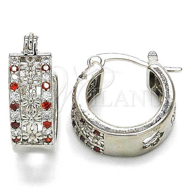 White Gold Filled Hoop Earrings — Small Hoop Flower Design with Garnet and White — main product view — SKU 127012 | Oro Laminado Blanco aretes de aro — Small Hoop flor diseño with Garnet and blanco — SKU 127012