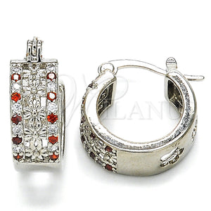 White Gold Filled Hoop Earrings — Small Hoop Flower Design with Garnet and White — main product view — SKU 127012 | Oro Laminado Blanco aretes de aro — Small Hoop flor diseño with Garnet and blanco — SKU 127012